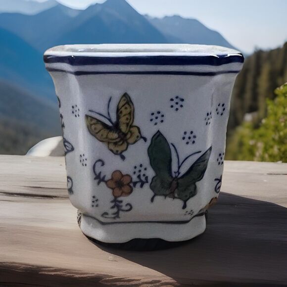 Vintage Chinoiserie Floral Butterflies Ceramic Hand Painted 4" Indoor Planter - Picture 1 of 12